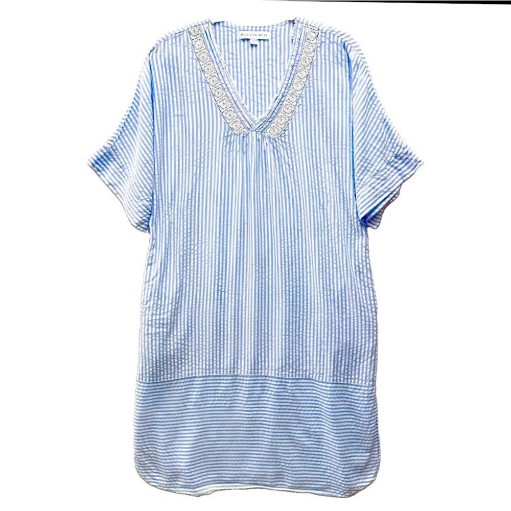 Eileen West S Seersucker Nightgown Blue White Stripe Lace Pintuck Pockets